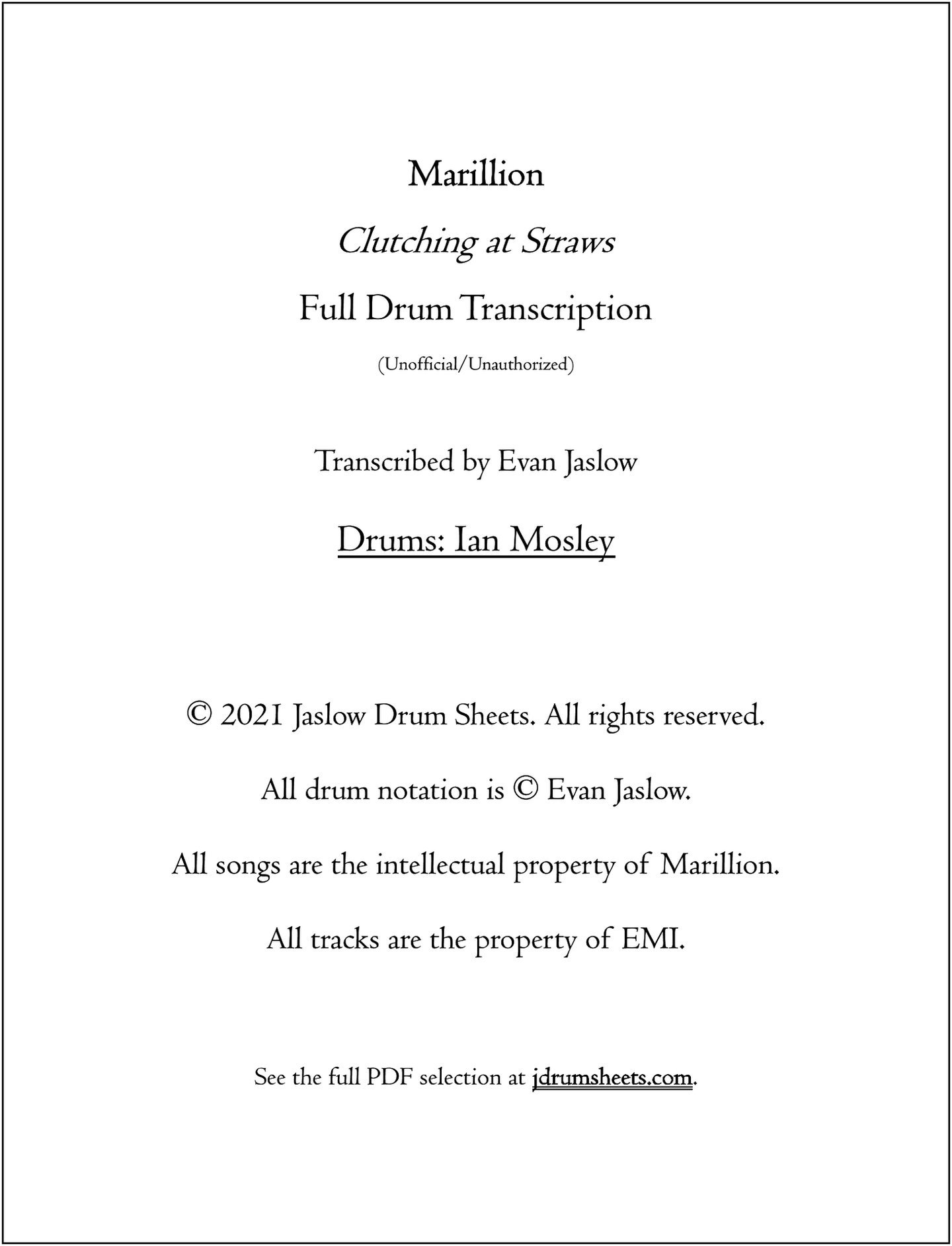 Marillion - Clutching at Straws (Full Drum Transcription) ebook cover