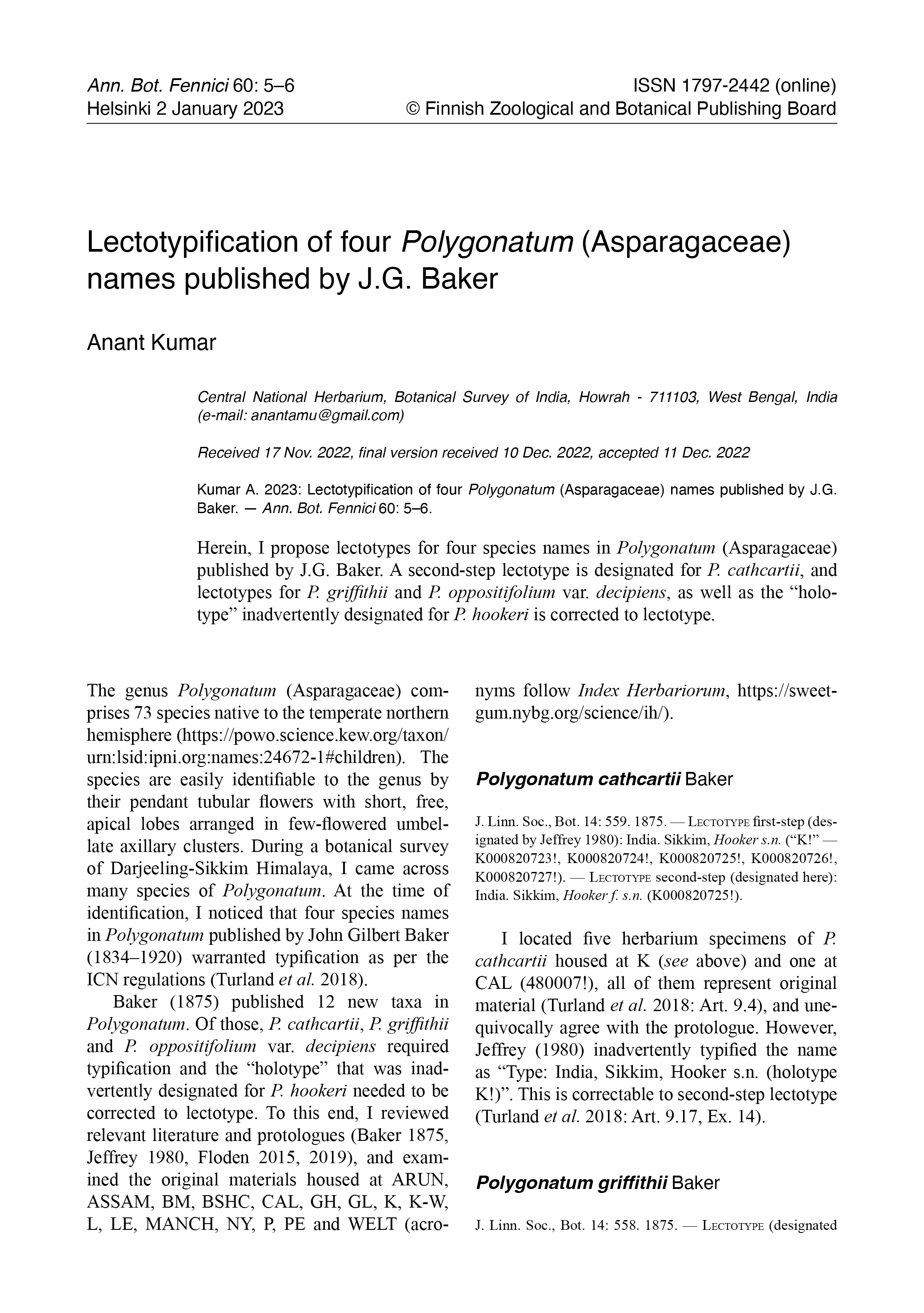 Lectotypification of four Polygonatum (Asparagaceae)&acirc;&euro;&copy;names by J.G. Baker ebook cover
