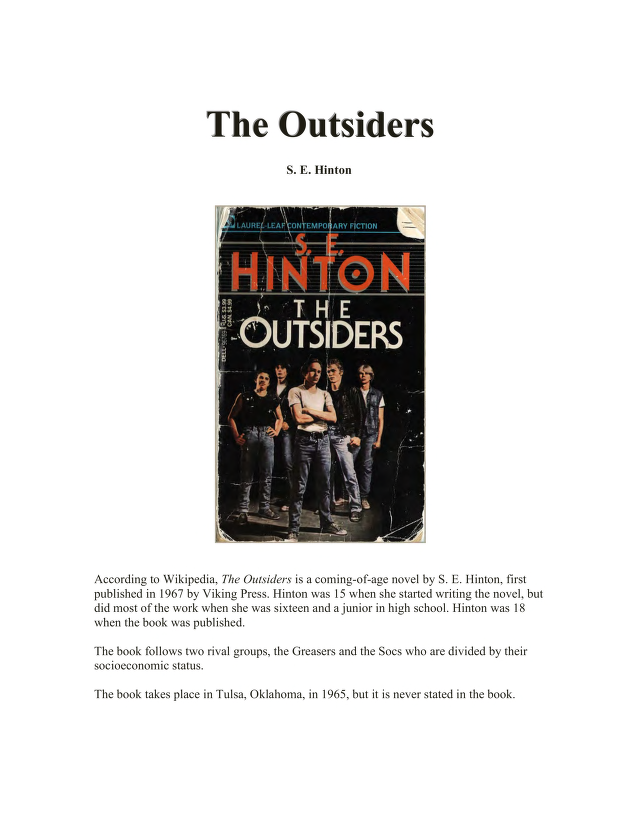 The Outsiders By Se Hinton ebook cover