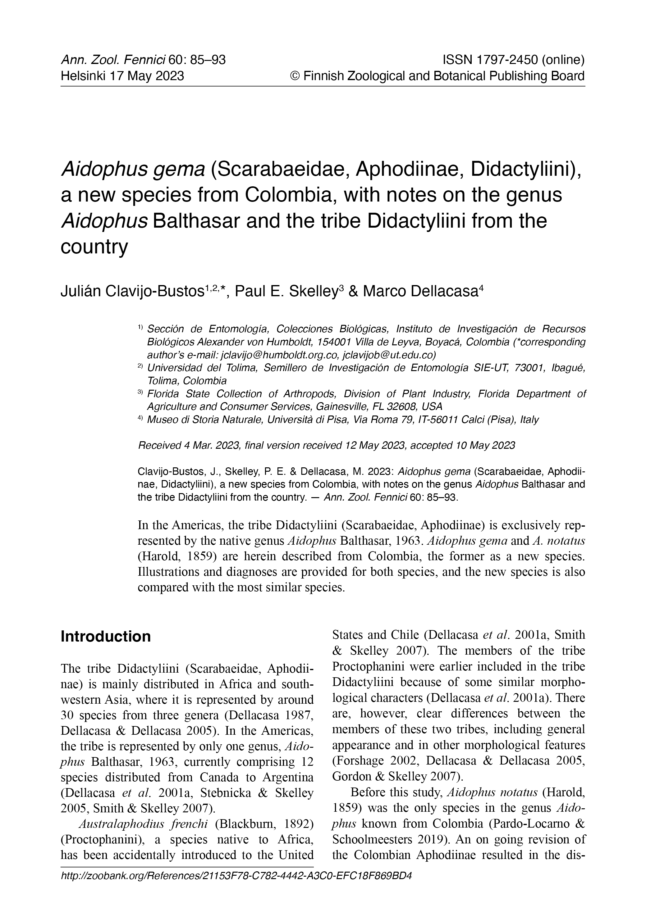 Aidophus gema (Scarabaeidae, Aphodiinae, Didactyliini),&acirc;&euro;&copy;a new species from Colombia, with notes on the genus&acirc;&euro;&copy;Aidophus Balthasar ebook cover